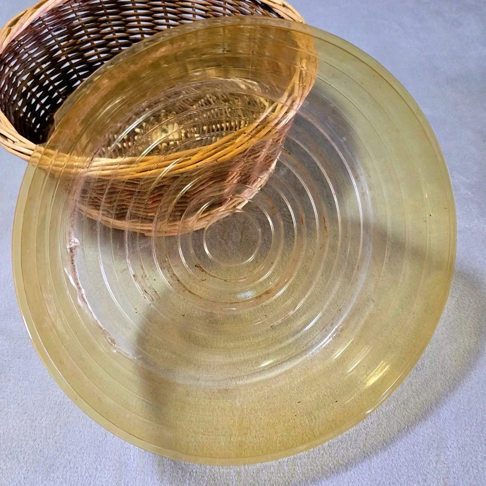 Vintage Round Wicker Serving Basket 12 in Clear Liner Two Tone Woven